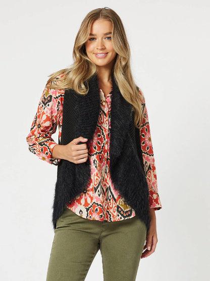 Faux Fur Knit Vest - Black