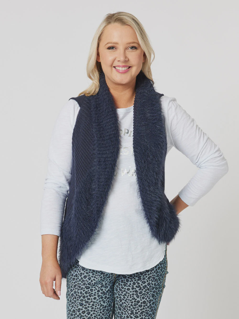 Faux Fur Knit Vest-Navy