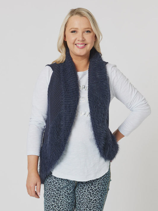 Faux Fur Knit Vest-Navy