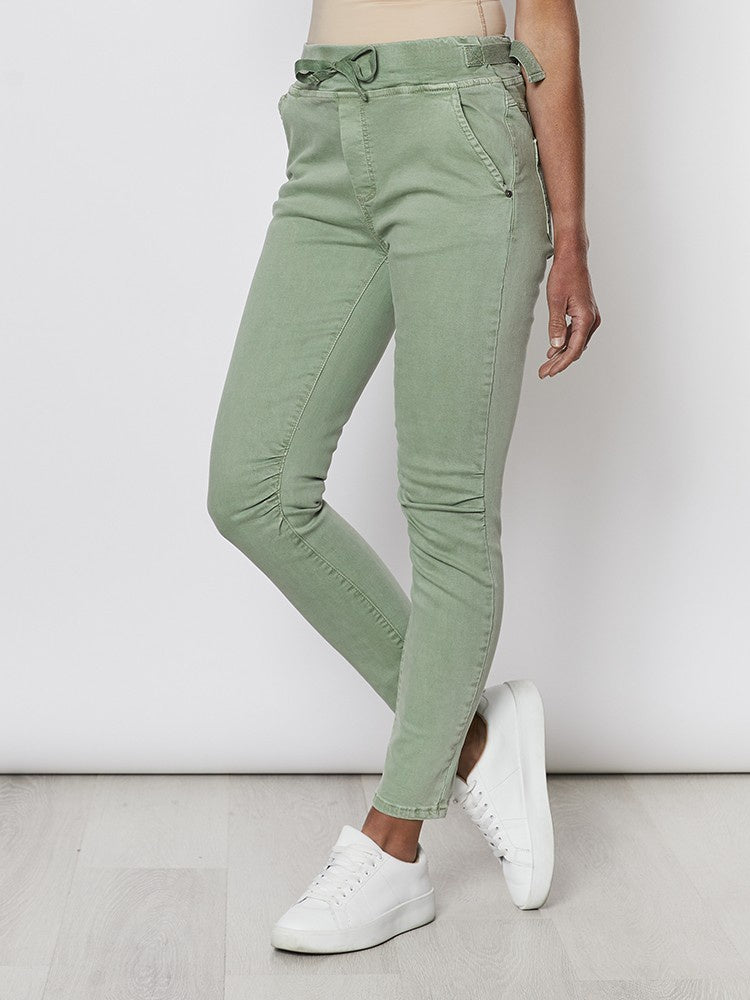 Threadz Tie Front Gathered Jeans - Sage