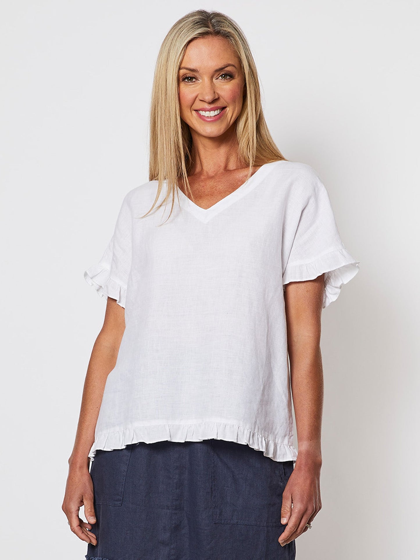Alex Ruffle Linen Top - White