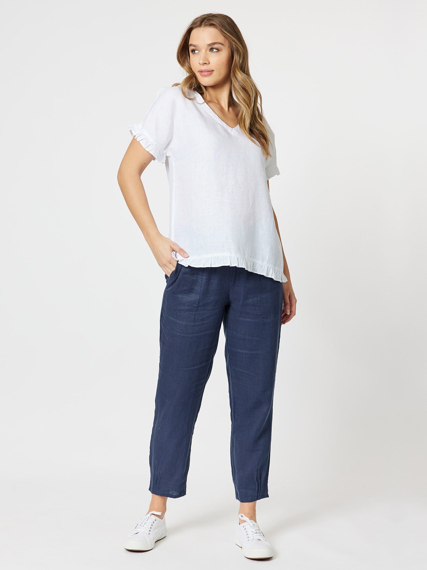 Alex Ruffle Linen Top - White