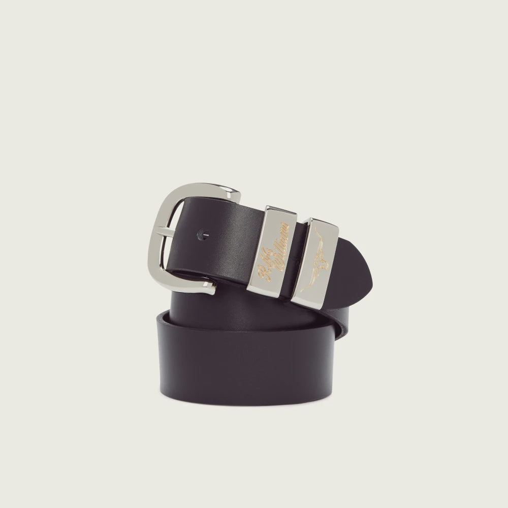Drover Belt, Silver Buckle Gold Writing  - Black