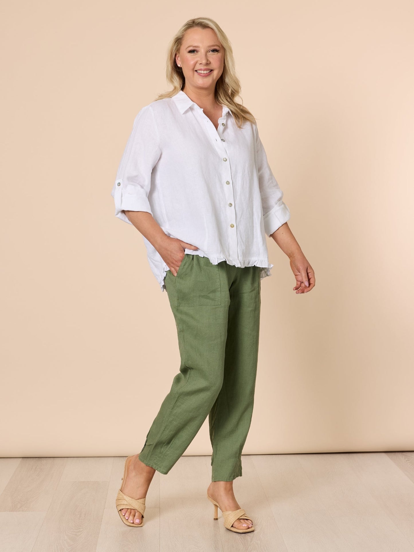 Jersey Waist Linen Pant - Khaki