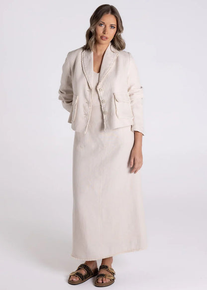 Crop Tweed Linen Jacket with Fringe - Natural