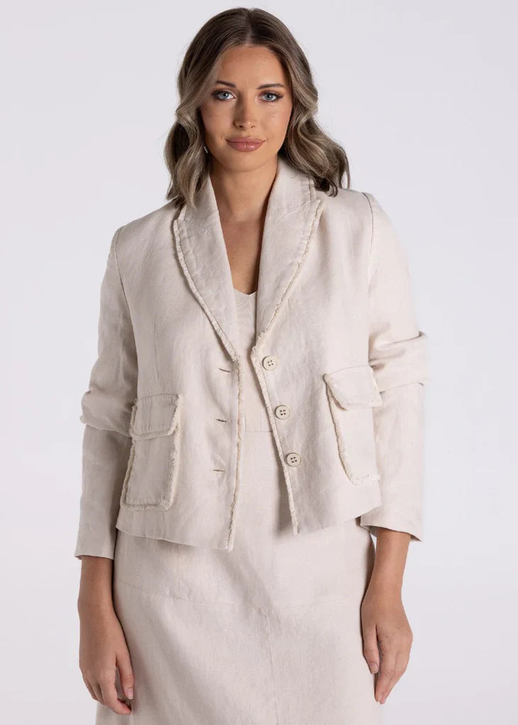 Crop Tweed Linen Jacket with Fringe - Natural
