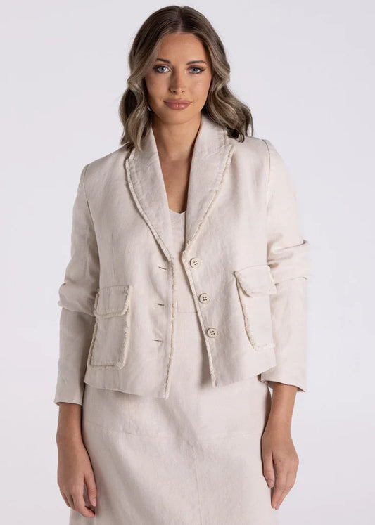 Crop Tweed Linen Jacket with Fringe - Natural