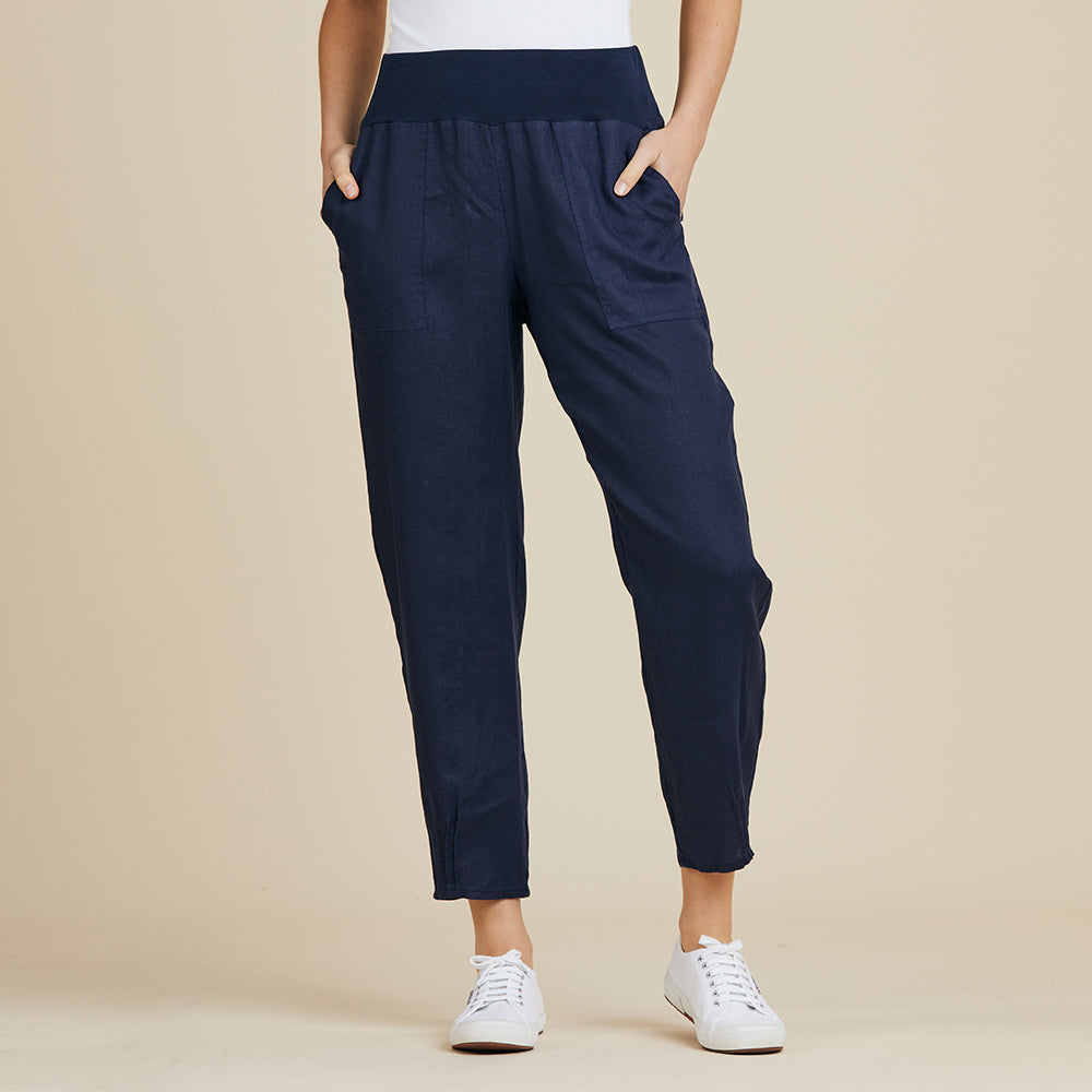 Jersey Waist Linen Pant Women Navy | Lyn Rose Boutique