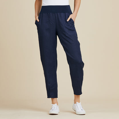 Jersey Waist Linen Pant Women Navy | Lyn Rose Boutique