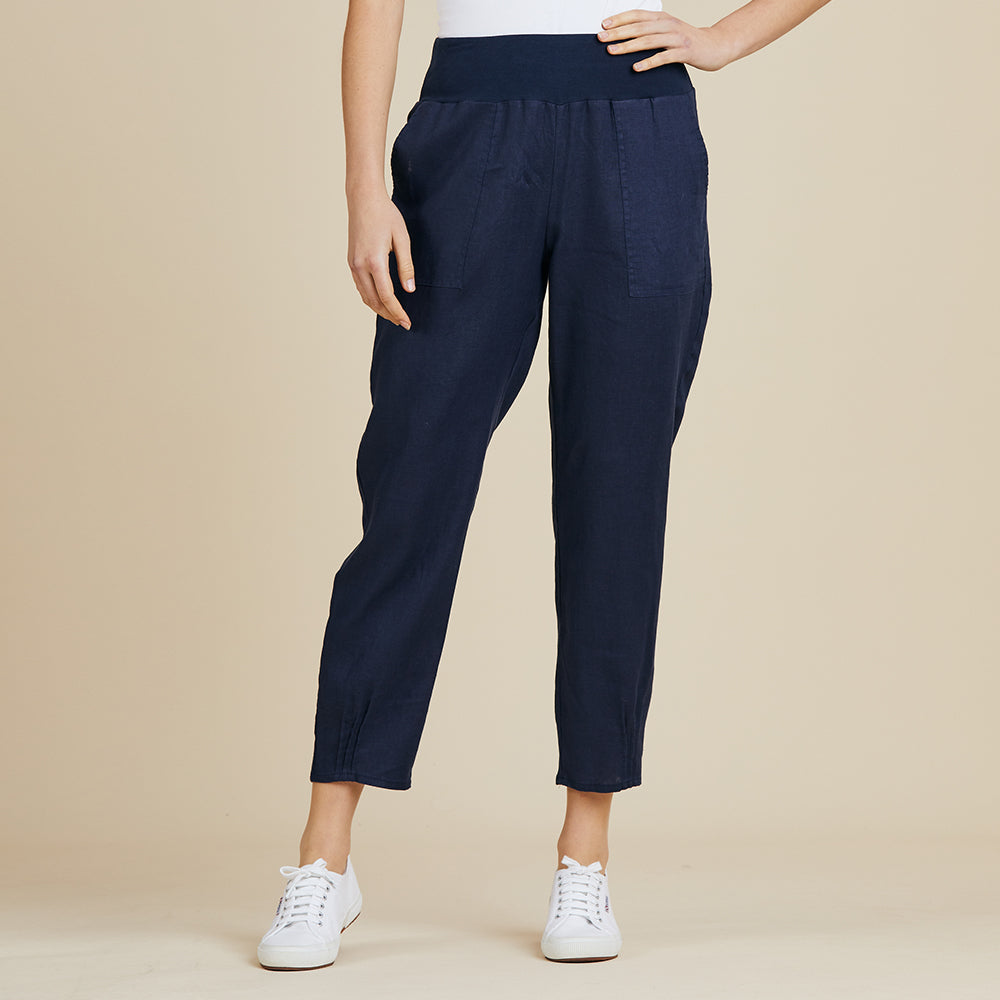 Jersey Waist Linen Pant Women Navy | Lyn Rose Boutique