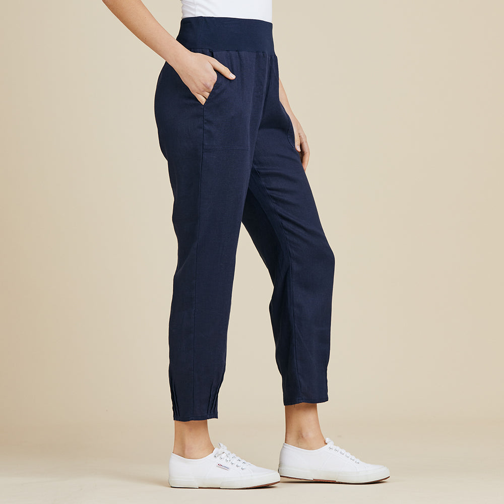 Jersey Waist Linen Pant Women Navy | Lyn Rose Boutique