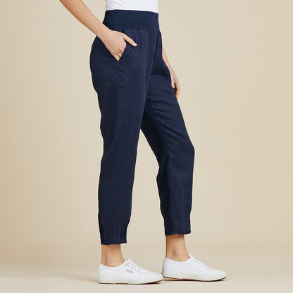 Jersey Waist Linen Pant Women Navy | Lyn Rose Boutique