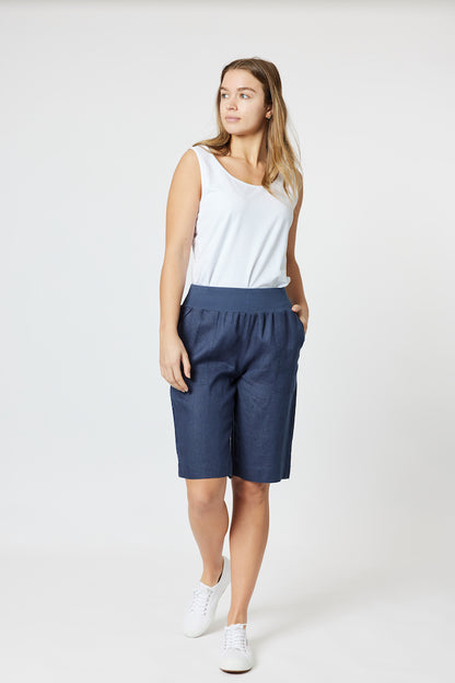 Ribbed Waist Linen Short - Marine
