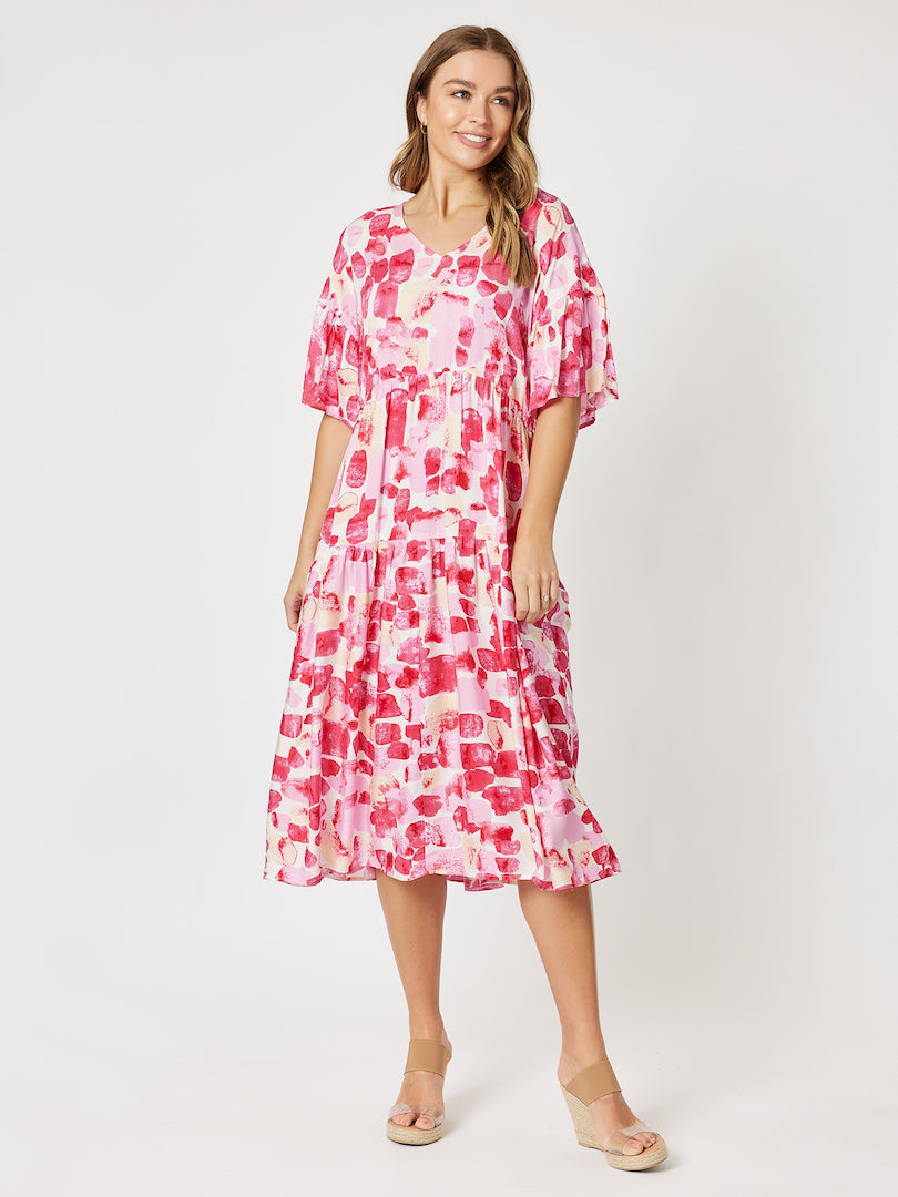 Tiered Print Dress - Hot Pink
