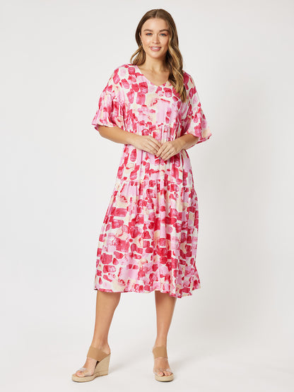 Tiered Print Dress - Hot Pink