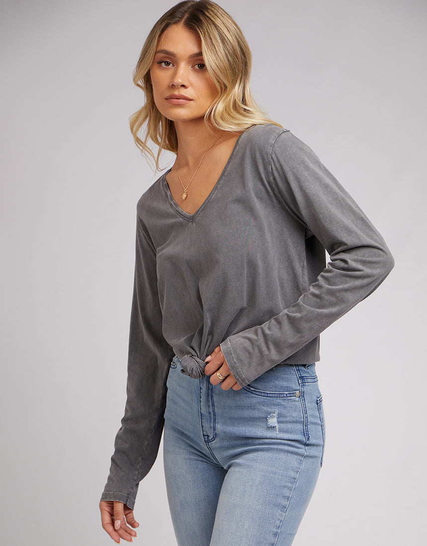 V-Neck Tie L/S Tee - Charcoal