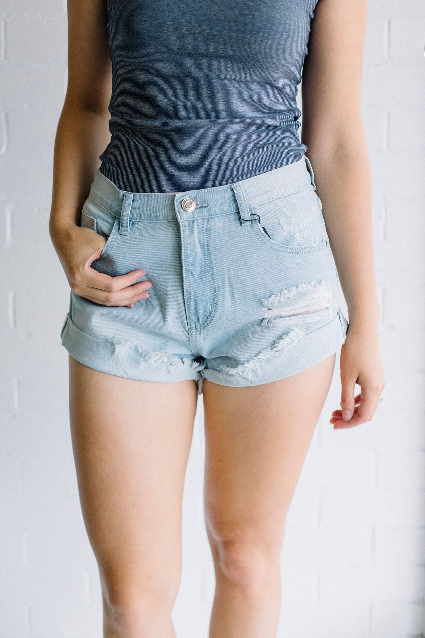 Ripped Denim Shorts - Light Wash