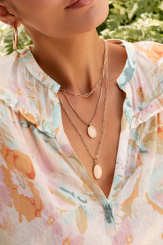 Layered Stone Chain Pendant Drop Necklace - Opal/Gold