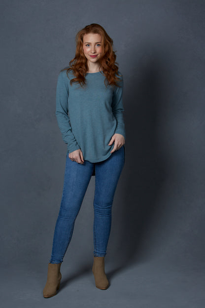 Curved Hem Pullover with Ribbed Back