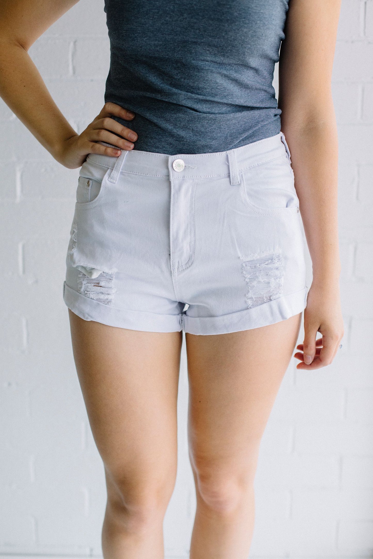 Ripped Denim Shorts - White